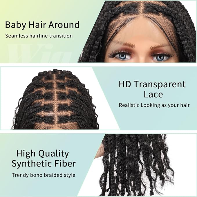 18" 13x8 Inch HD Lace Front Boho Box Braided Wigs Short Knotless Braid Wig for Women Full Braided Lace Front Wig With Baby Hair Balck Natural Color