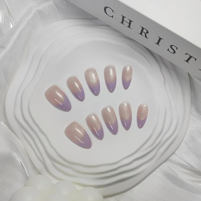 Almond Press on Nails Handmade Medium Long/Stiletto 3D Flower Fake Nail with Designs, Women Reusable False Nails (Light Purple French Tip, M)