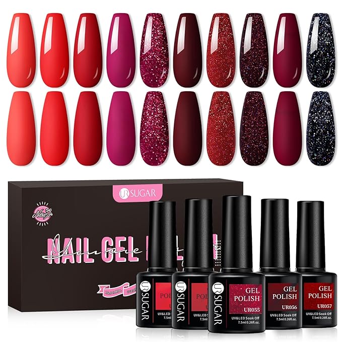 UR SUGAR Red Gel Nail Polish Set, 10 Colors Red Collection Gel Polish Glitter Red Dark Red Burgundy Red Bloody Red Gel Polish Set for All Seasons Soak Off Gel Nail Manicure Gifts Set for Women