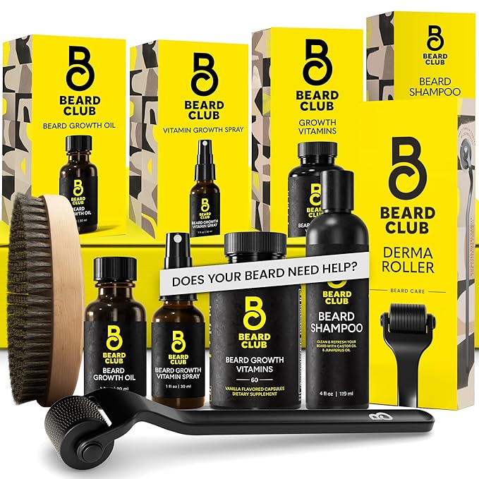 Beard Club Advanced Beard Growth Kit - Derma Roller, Growth Oil, Vitamins and Vitamin Spray, Shampoo and Boar Bristle Brush - Gift Set - Cedar