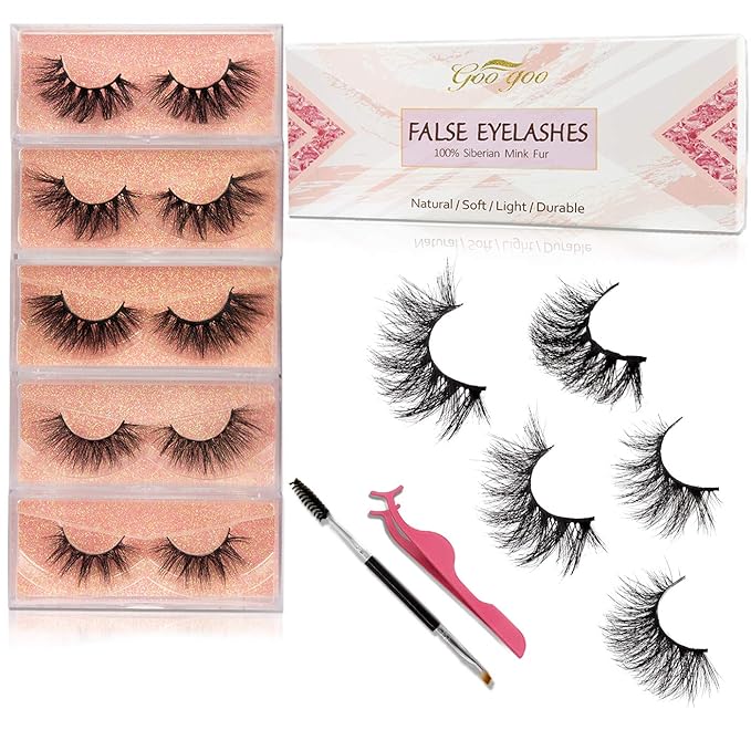 GOO GOO 3D Mink Eyelashes, Middle Long Crossed Cluster Type Fake Eyelashes 18mm-20mm 5 Styles Multipack Natural Layered Hand Made Strips Siberian Mink Fur Lashes Fluffy Full False Eyelashes