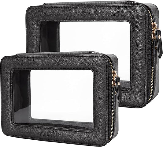 Aveniee Clear Makeup Bag, Portable Travel Toiletry Bag Cosmetic Case for Women, Vegan Leather Make Up Pouch Organizer Car Bag for Essentials 2pcs(Middle & Large) - Black