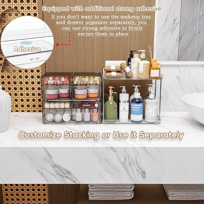 2 Pack Bathroom Organizers and Storage Countertop With 6 Drawers,Stackable Vanity Top Organizer,14.4" Tall Large Capacity Skin Care Organizer and Exquisite Cosmetic Storage Organizer,Clear