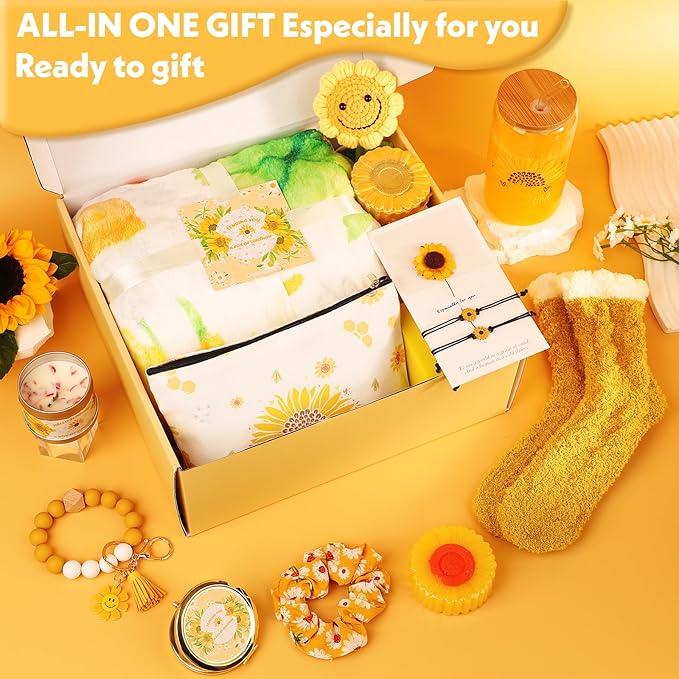 Sunflower Gifts for Women, Get Well Soon Gift Basket for Women,15pc Care Package Feel Better Gift, Surgery Wellness Kit, Thinking of You Sunshine Birthday Box for Her Mom Friend Coworkers Teacher Wife