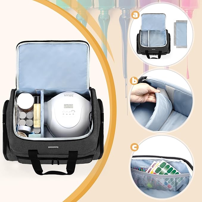 BAFASO Nail Polish Organizer Holds 80 Bottles (15ml - 0.5 fl.oz) and a UV Nail Lamp, Nail Polish Case with 2 Removable Pouches and Manicure Tools Storage Sections (Patented), Black