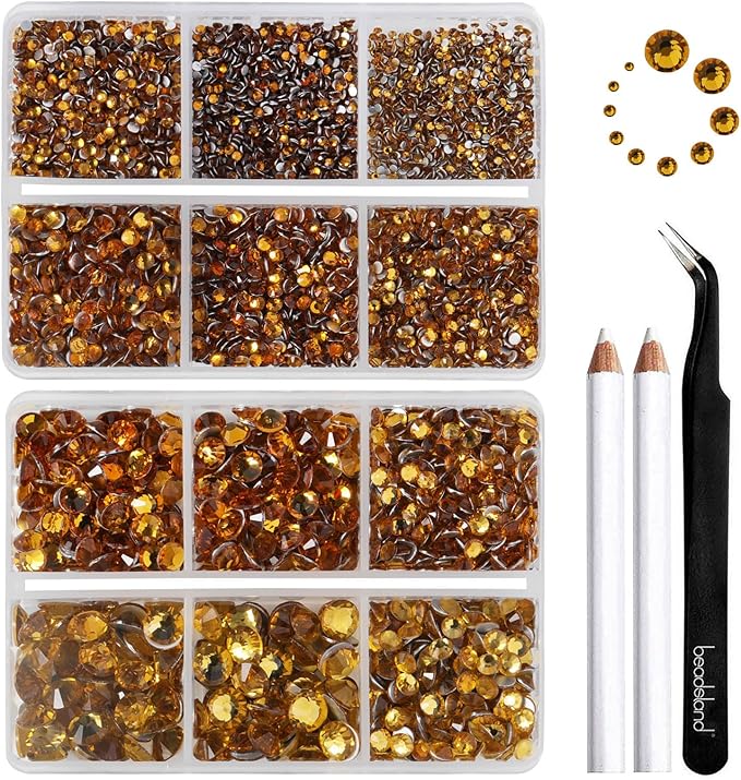 Beadsland 8300PCS Flatback Rhinestones, Topaz Rhinestone Nail Gems Round Crystal Rhinestones for Crafts, Mixed 10 Sizes with Wax Pencil and Tweezer Kit, SS3-SS30, Topaz