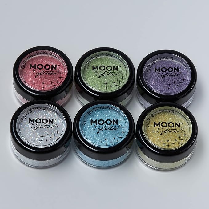 Pastel Glitter Shakers by Moon Glitter – 100% Cosmetic Glitter for Face, Body, Nails, Hair and Lips - 0.10oz - Set of 6 colours