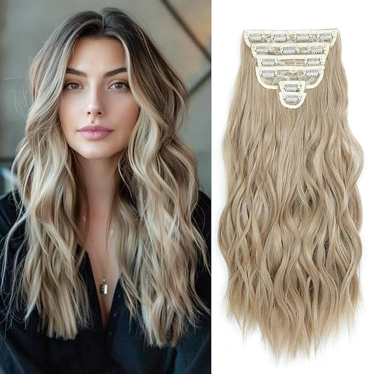 Clip in Hair Extensions for Women - 20 Inch Long Wavy Brown Extensions, 6PCS Light Brown Mix Blonde Hairpieces that Blend Naturally with Your Real Hair (20 Inch, Light Brown Mix Blonde)