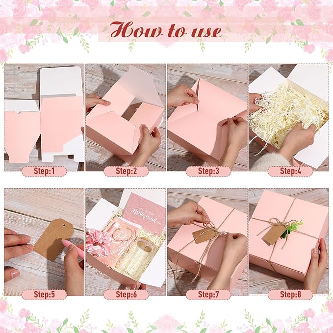 54 Pcs Bridesmaid Proposal Gifts Bridesmaid Box Set Include Bridal Shower Gift Box Makeup Bag Invited Card Glass Cup Lip Balm Scrunchie Hair Knotted Bracelet for Maid of Honor(Pink, White)