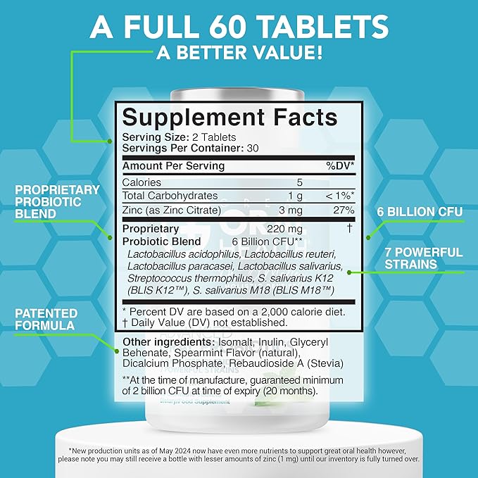 Oral Probiotics for Mouth Bad Breath Treatment for Adults; Dentist Formulated Dental Probiotics for Teeth and Gums Health & Chronic Halitosis with BLIS K12 M18, 60 Chewable Oral Health Tablets Mint