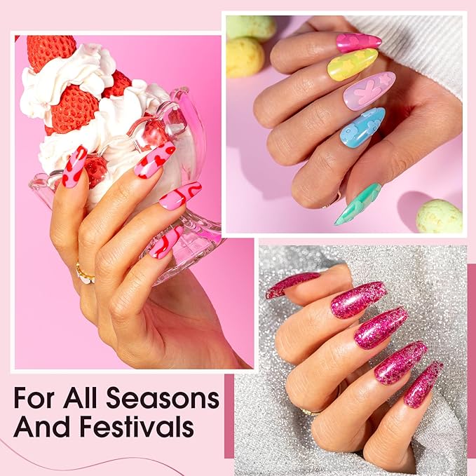 ROSALIND 65PCS Gel Nail Polish Set, 60 Colors Glitter Red Gel Polish with 5 Bottles of Base and Glossy Matte Top Coat Soak off Nail Set Suitable for All Seasons