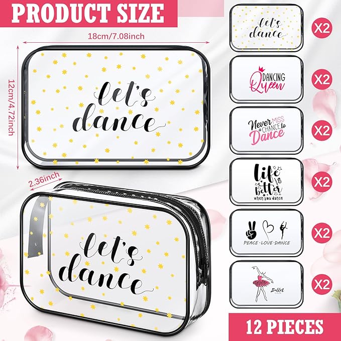 Abbylike 12 Pcs 7 x 4.7 x 2.4'' Cosmetic Bag Gifts Accessories for Makeup Bags Clear PVC Cheer Case Toiletry Zipper Pouch for Women Christmas Xmas (Dance Theme)
