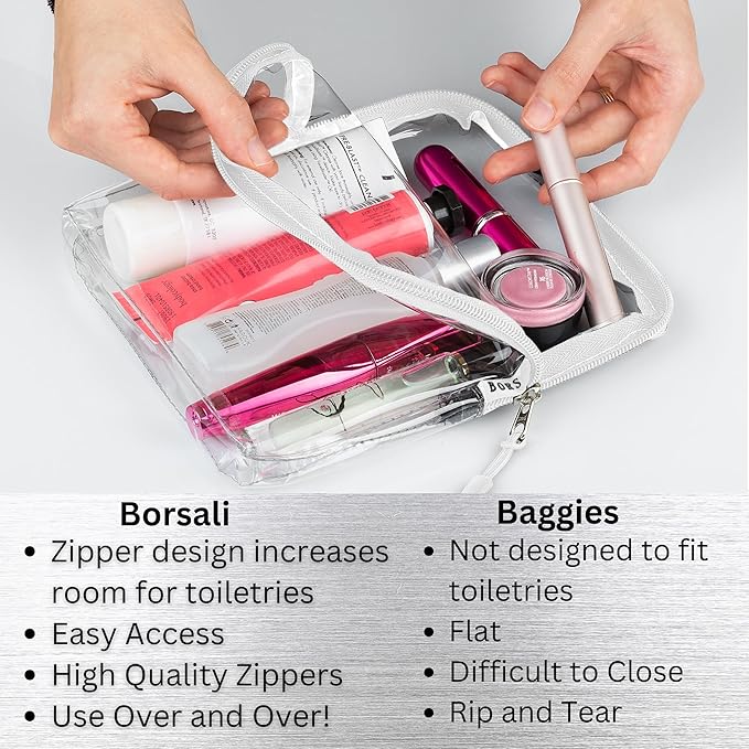 BORSALI TSA-Approved Quart-Sized Bag for Carry-on Travel - One (1) Quart Clear Toiletries, Cosmetic and 3-1-1 Liquids Toiletry Bag - Set of 3