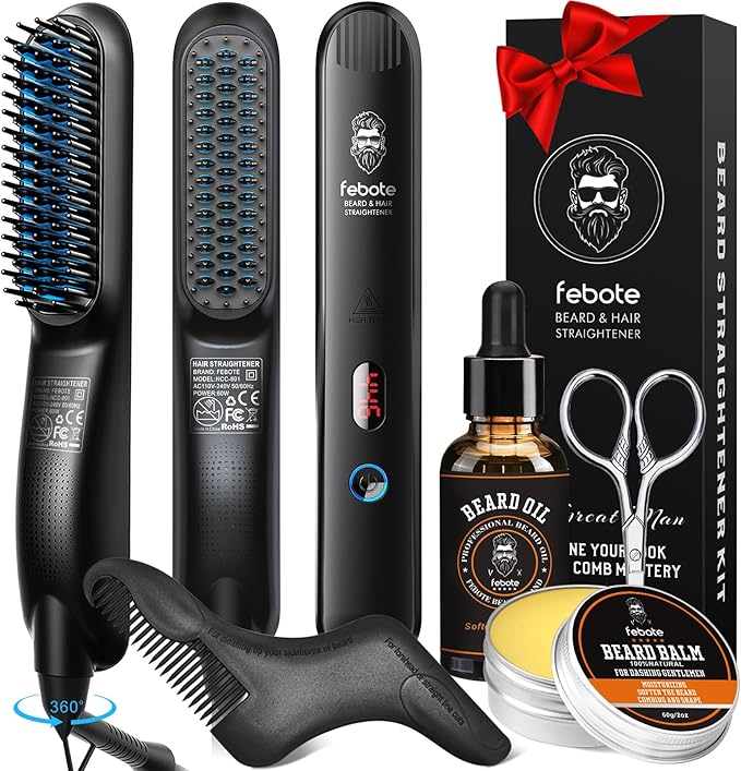 Innovation Blue Beard Straightener Kit w, Beard Balm, Beard Growth Oil, Beard Styling Comb & Scissors, Upgraded 5-in-1 Beard Set, Unique Stocking Stuffer Gifts for Friend, Father & Him