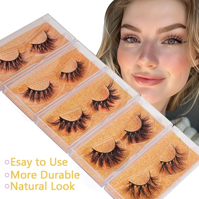 GOO GOO Mink Eyelashes, Natural Eyelashes 16mm to 19mm 5 Styles Multipack 3D Mink Lashes Fake Eyelashes Natural Look Reusable Handmade Siberian Mink Fur False EyeLashes for Women