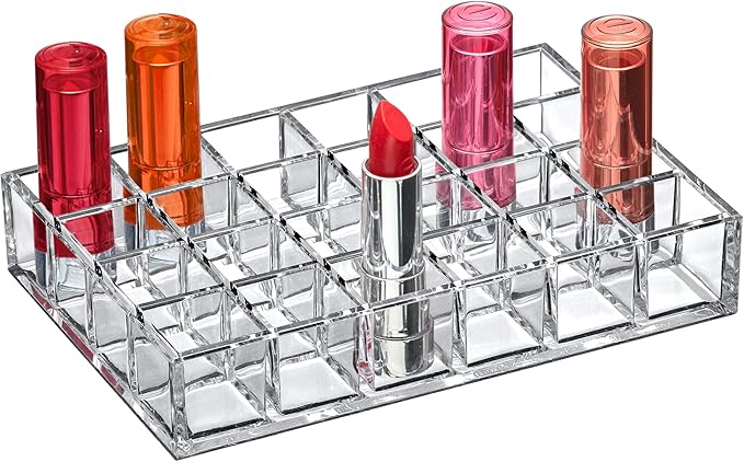 Amazing Abby - Allure - 24-Slot Acrylic Lipstick Organizer, Lipstick Holder, Lip Gloss Holder, Cosmetic Storage Display, Perfect Storage Solution for Drawer and Vanity (Slot Size: 1.0" x 1.0")