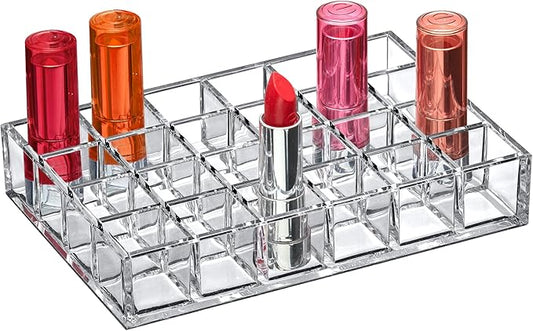 Amazing Abby - Allure - 24-Slot Acrylic Lipstick Organizer, Lipstick Holder, Lip Gloss Holder, Cosmetic Storage Display, Perfect Storage Solution for Drawer and Vanity (Slot Size: 1.0" x 1.0")