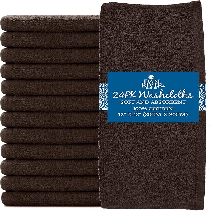 DAN RIVER 100% Cotton Washcloths 24 Pack Premium Quality Face and Body Cloth, Quick Dry Essential Towels for Bathroom, Hand, Kitchen & Cleaning, Baby Washcloths | 12X12 in | 400 GSM | Brown
