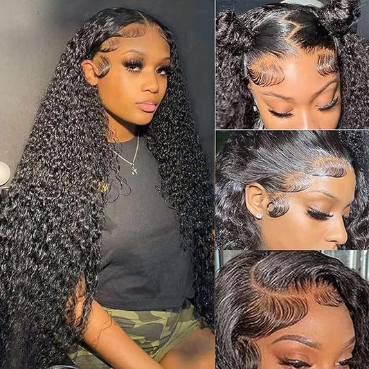 5x5 HD Lace Closure Wigs Human Hair Water Wave 5x5 Closure Wig 180% Density Curly Lace Front Wig Human Hair Pre Plucked with Baby Hair Glueless Wet and Wavy Closure Wig Natural Black Color 34 Inch