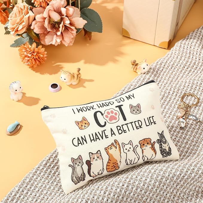 Animal Lover Gifts for Women Mother's Day Animal Themed Gifts for Mom Include Canvas Tote Bag, Makeup Bag, Socks, Keychain, Enamel Mug, Small Figurines(Cute Cat)