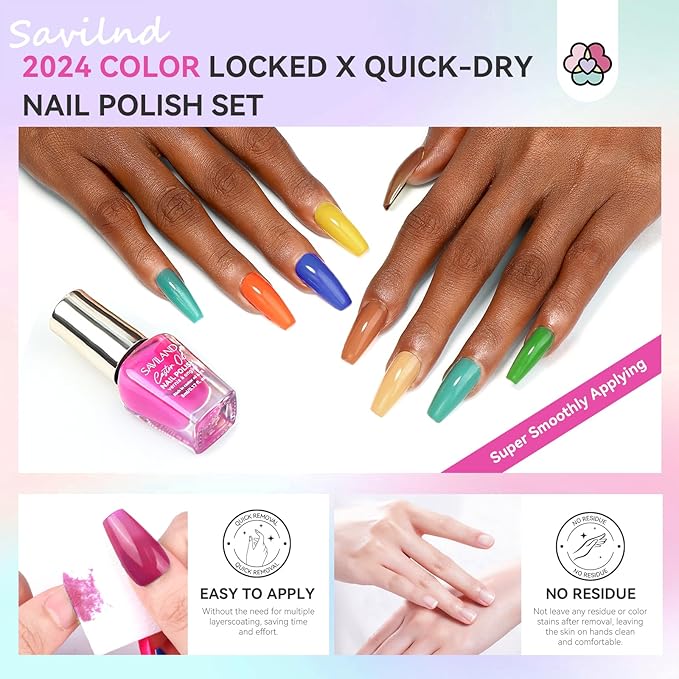 SAVILAND Nail Polish Set Fingernail Air-Dry: 36pcs Rainbow Colors Nail Polish Kit Glitter Regular Toenail Nail Polish with Base Top Polish Coat Nail Lacquer Acrylic Nail Set for Beginner Home DIY