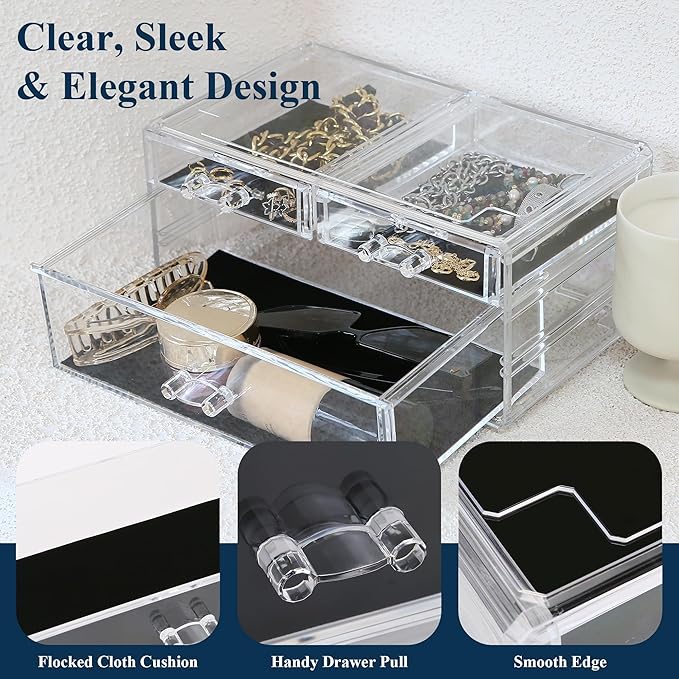 Sea Team Clear Makeup Organizer with Drawers, Acrylic Plastic Cosmetic Display Case, Jewelry Storage Box, Holder for Dresser, Bathroom, Vanity, Countertop (1 Large, 2 Small Drawers)