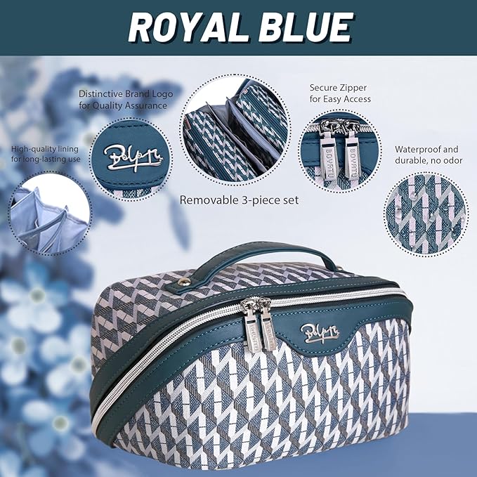 BOYATU Travel Makeup Bags for Women: Large Capacity Cosmetic Bag Set of 3 - Vegan Leather Make up Bags with Compartments - Wide Open Waterproof Toiletry Organizer Bag with Handle (E-01-Royal blue)