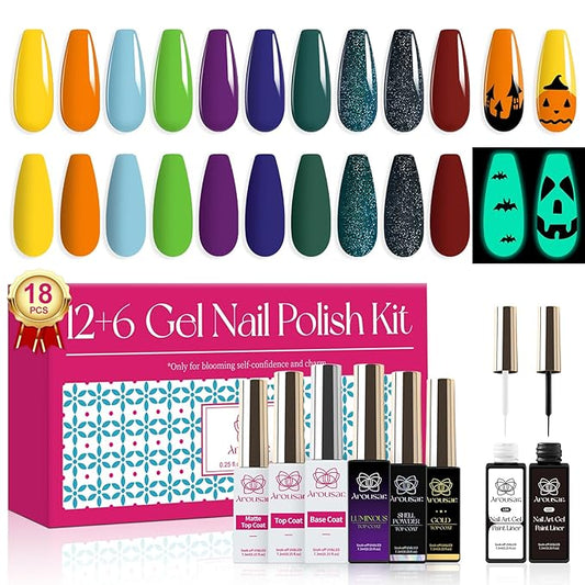 18pcs Nail Gel Polish Set, 10 Colors Gel Polish Set with 6pcs Base Coat and Glossy & Matte Gel Top Coat and 2 Colors Nail Art Gel, Glitter Nail Polish Starter Kit, Winter DIY Gift