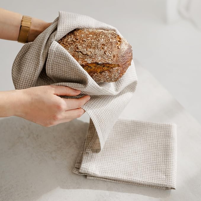 Linen Kitchen Towels - Waffle Towels 16x28-inch - Linen Hand Towels for Bathroom - Set of 2 Dish Towel White-Natural Lightweight Stonewashed Quick-Dry