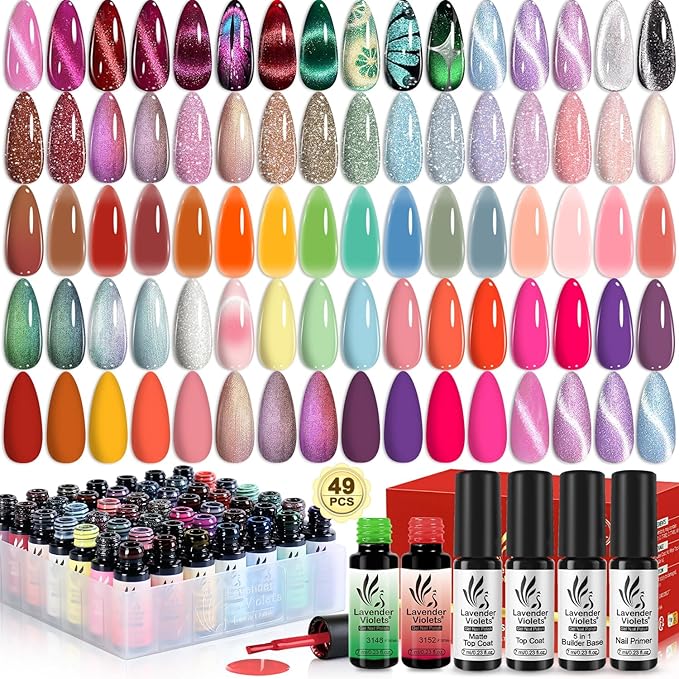 Lavender Violets 49 PCS Cat Eye Gel Nail Polish Set,Solid/Glittery/Nude Pink Jelly Nail Polish Gel/9D Holographic Magnetic Gel Nail Polish Gel Kit with Nail Primer,Base,Glossy,Matte Top Coat A901