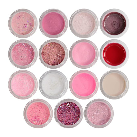Nail Factory - Acrylic Powder Set Forever Pink Collection, 15 Pink Colors Mixed Shapes Set Glitter Nail Sequins Powder Holographic, Professional Nail Art Cosmetic, 3.5 Gr. Each One.