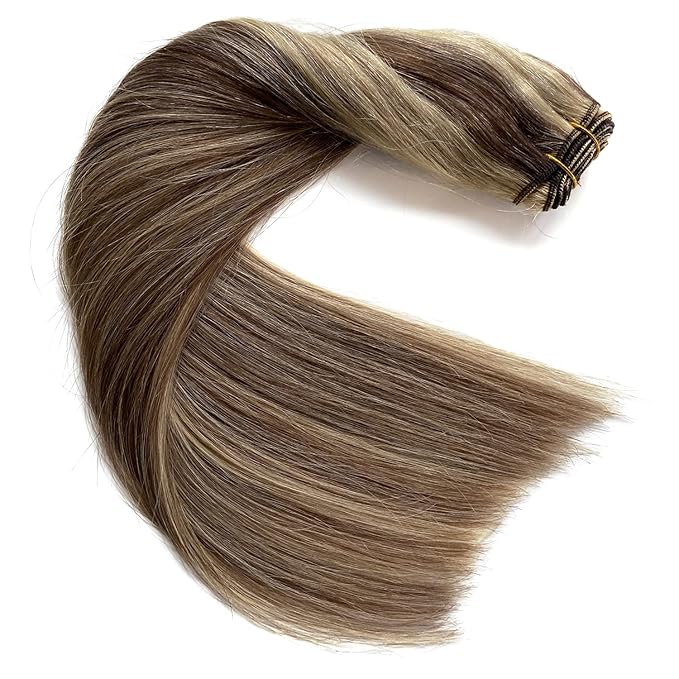 Sew in Hair Extensions Real Human Hair 14 Inch Weft Extensions Real Remy Hair Ash Brown Balayage Honey Blonde Highlights Double Weft Full Head Straight Hair Weaves 80G Hair Weft Bundles Straight Hair