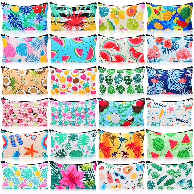 24 Pieces Makeup Bags Bulk Canvas Cosmetic Bags Purse Organizer Zipper Cosmetic Pouch Portable Travel Toiletry Pouch for Women Men Gifts, 7 x 4 Inch (Tropical)
