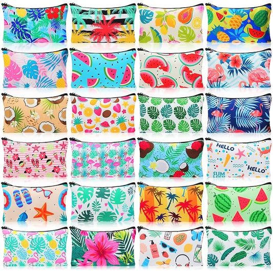 24 Pieces Makeup Bags Bulk Canvas Cosmetic Bags Purse Organizer Zipper Cosmetic Pouch Portable Travel Toiletry Pouch for Women Men Gifts, 7 x 4 Inch (Tropical)