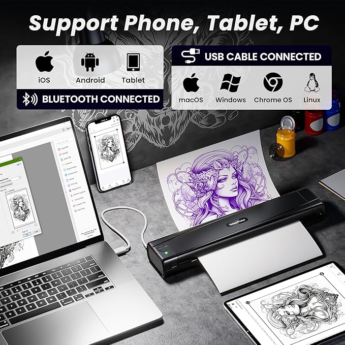 2025 New Version Tattoo Stencil Printer with 10pcs Transfer Paper, Wireless Thermal Tattoo Transfer Printer, Bluetooth Portable Tattoo Machine for Beginners Compatible with Smartphone & Pad