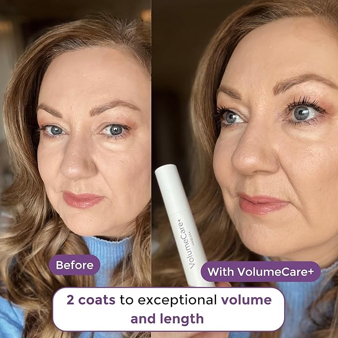 VolumeCare+ Mascara For Older Women - Extreme Length and Volume 2-in-1 Formula - No Clumps, Long-Wearing, Hypoallergenic Mascara For Sensitive Eyes (Natural Black)