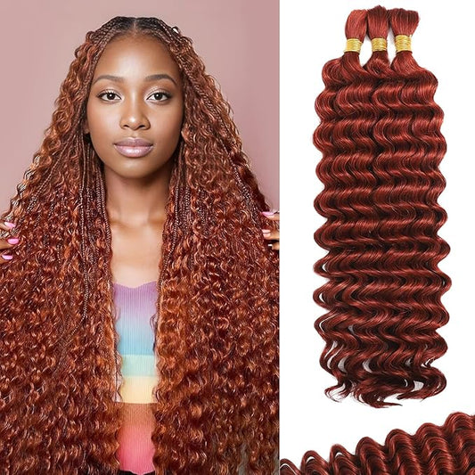 Human Braiding Hair For Boho Braids Deep Water Wave Human Bulk Hair for Braiding 12A Brazilian Virgin Human Hair Extensions for Boho Braids 3 Bundles/Pack 110g Copper 22inch