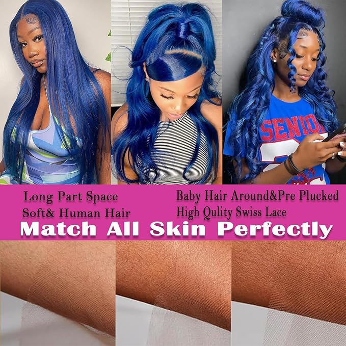30 Inch Royal Blue Lace Front Wigs Human Hair 13x6 Lace Front Wigs Dark Blue Body Wave Human Hair Lace Front Wigs Pre Plucked with Baby Hair Dark Blue Colored Glueless Human Hair 200% Density