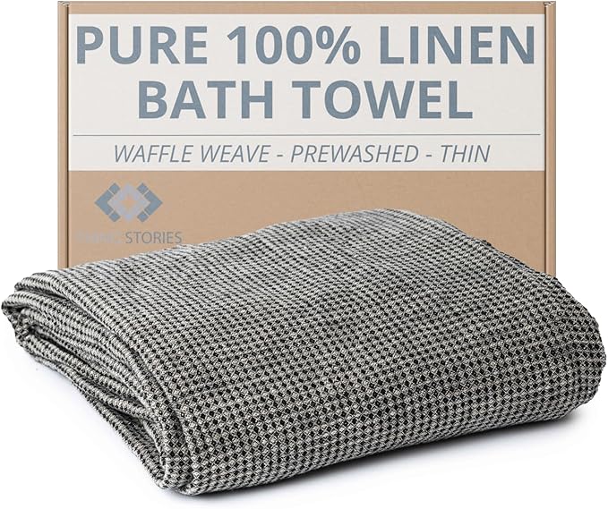 Pure 100% Linen Bath Towel - Quick Dry Towels for Travel Lightweight Waffle Towels for Bathroom 30 x 60-inch - Luxury Black-Natural Thin Hair Towel for Gym or Sauna - Sustainable Bath Sheet