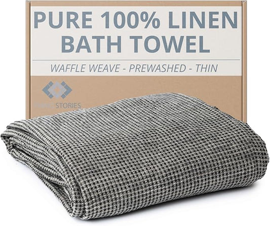 Pure 100% Linen Bath Towel - Quick Dry Towels for Travel Lightweight Waffle Towels for Bathroom 30 x 60-inch - Luxury Black-Natural Thin Hair Towel for Gym or Sauna - Sustainable Bath Sheet