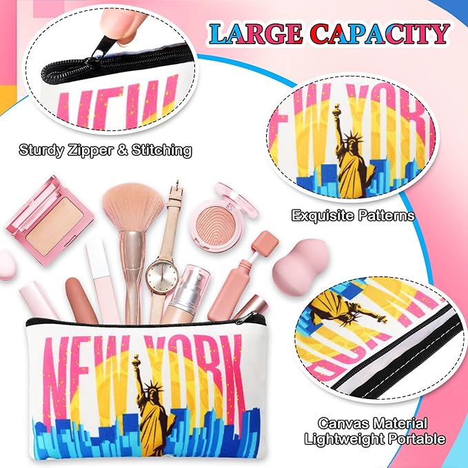 24 Pieces Makeup Bags Bulk Canvas Cosmetic Bags Purse Organizer Zipper Cosmetic Pouch Portable Travel Toiletry Pouch for Women Men Gifts, 7 x 4 Inch (New York)