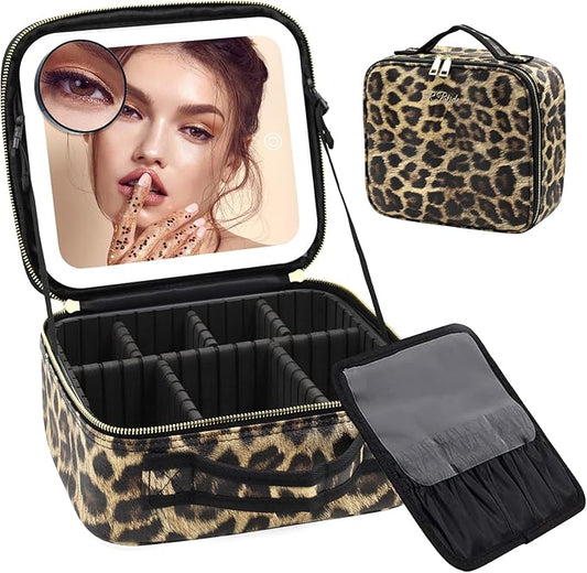 Makeup Bag with Light up Mirror, Travel Makeup Case with Mirror and Lights, Lighted Cosmetic Train Case with 3 Color Settings, Make up Organizer Bag with Adjustable Dividers Brush Board