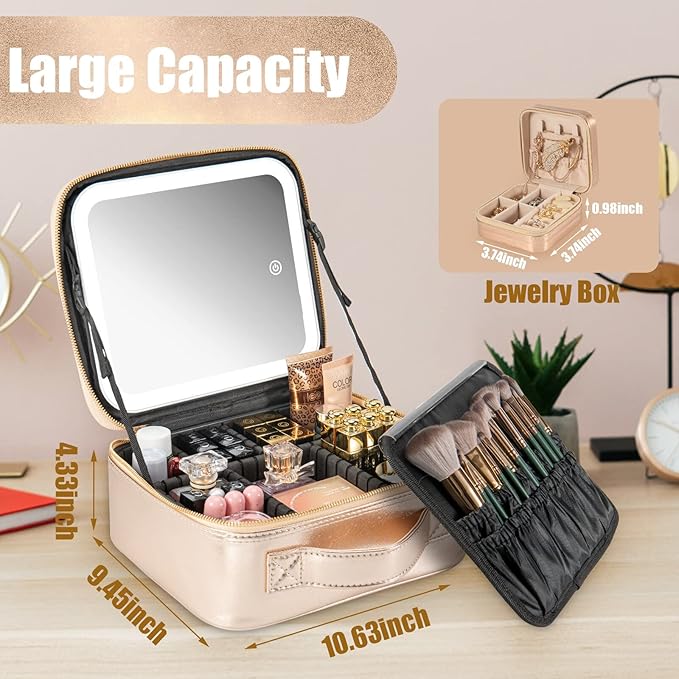 Makeup Travel Train Case with Mirror LED Light 3 Adjustable Brightness Cosmetic Bag Portable Storage Adjustable Partition Waterproof Makeup Brushes Makeup Jewelry Gift for Women