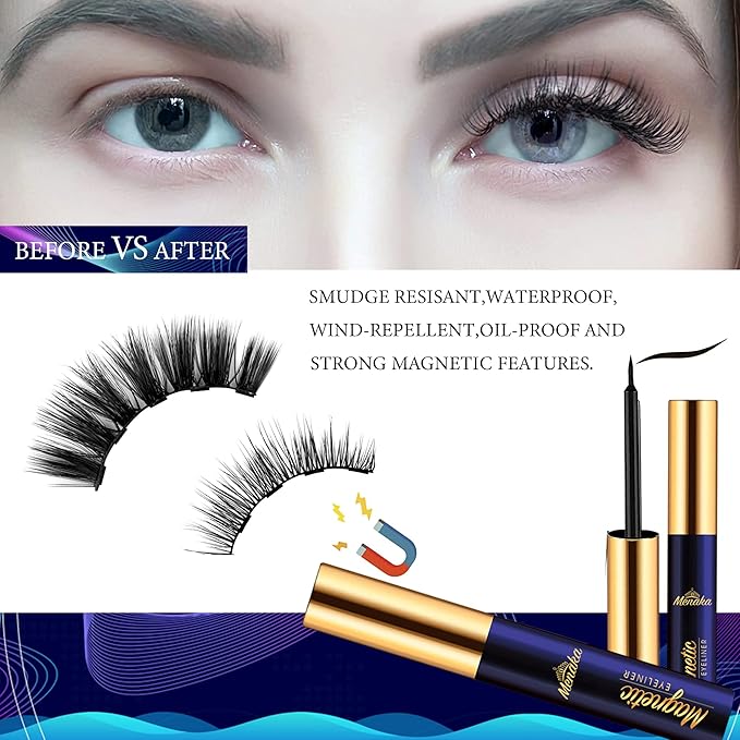 Magnetic Eyelashes with Eyeliner Kit, Magnetic Lashes and Eyeliner Kit with Applicator, Updated Most Natural Look,Strongest Hold,Waterproof, 10 Pairs Reusable False Lashes Easy to Use.