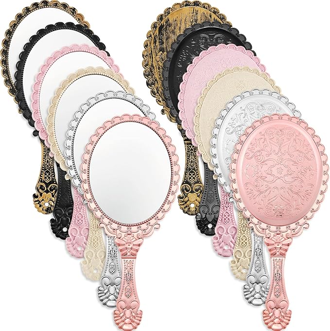 Qunclay 12 Pcs Vintage Handheld Mirror, 9.8" L x 4.5" W Small Colorful Embossed Portable Princess Mirror for Classroom Kids Princess Party Favors Travel