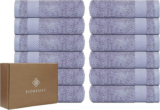 BIOWEAVES 100% Organic Cotton 700 GSM Luxury Wash Cloths GOTS Certified 13" x 13" Face Towel - Lavender, Pack of 12