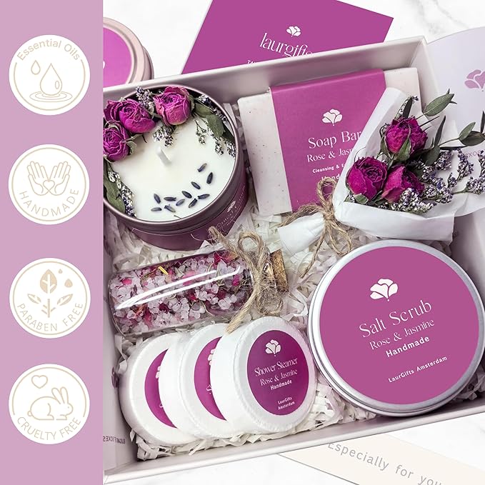 Rose & Jasmine Spa Gift Baskets for Women – Luxury Birthday Bath Gifts for Mom, Wife, Sister, Friend - Self-Care and Relaxation Mother’s Day Gifts - Gift Baskets for Her for All Occasions