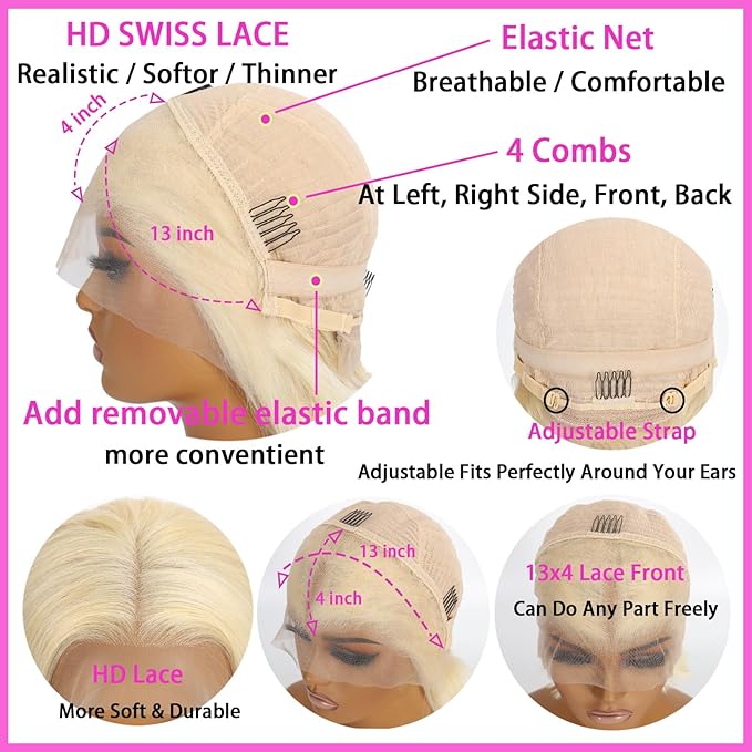 613 Blonde Bob Wig Human Hair 13X4 HD Transparent 613 Lace Front Wig Human Hair for Women 180% Density Frontal Wigs Pre Plucked with Baby Hair Glueless Straight 613 Bob Wigs 16 inch