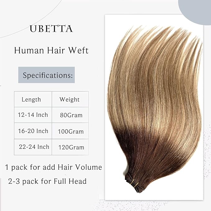 Ubetta Human Hair Extensions Sew in Hair Weft Women,Ombre Walnut Brown to Ash Brown Blonde Highlights Human Hair Weaves Extensions, Straight Remy Human Hair Bundles Sew in Weft Extensions 14Inch 80G