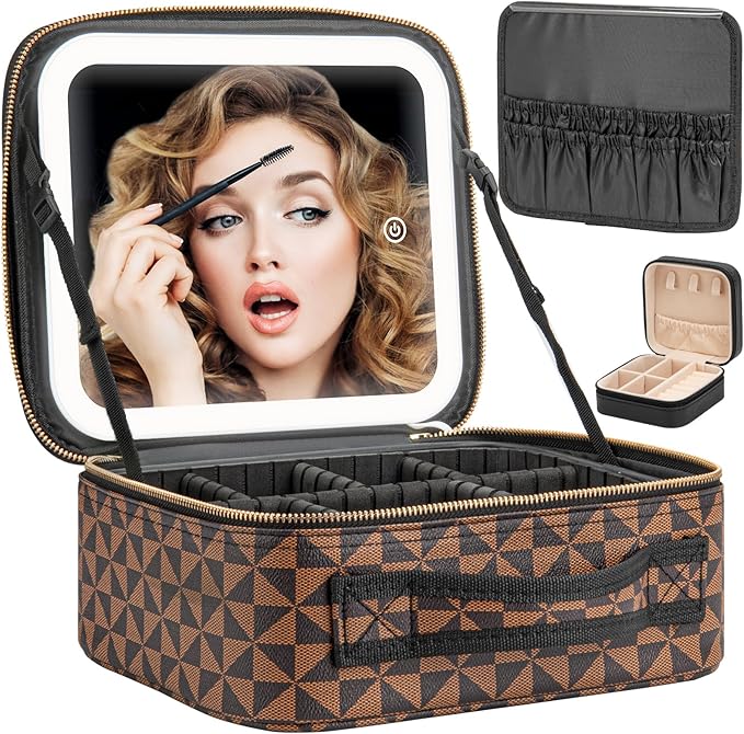 Makeup Travel Train Case with Mirror LED Light 3 Adjustable Brightness Cosmetic Bag Portable Storage Adjustable Partition Waterproof Makeup Brushes Makeup Jewelry Gift for Women